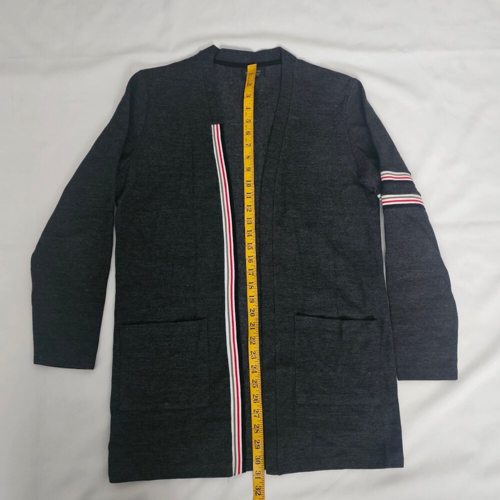 ZARA Man Dark Gray Striped Trim  Open Front Pockets Longline Cardigan Sz Medium - Picture 9 of 9